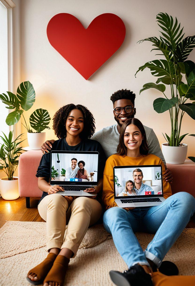 A diverse couple sitting in a cozy, modern living room, both smiling while holding hands and looking at a laptop screen showing a video call with friends. Behind them, a digital heart shape connects various avatars, symbolizing virtual bonds and digital affection. Soft, warm lighting with plants and minimalistic decor enhances the feeling of warmth and companionship. super-realistic. vibrant colors. cozy ambiance.