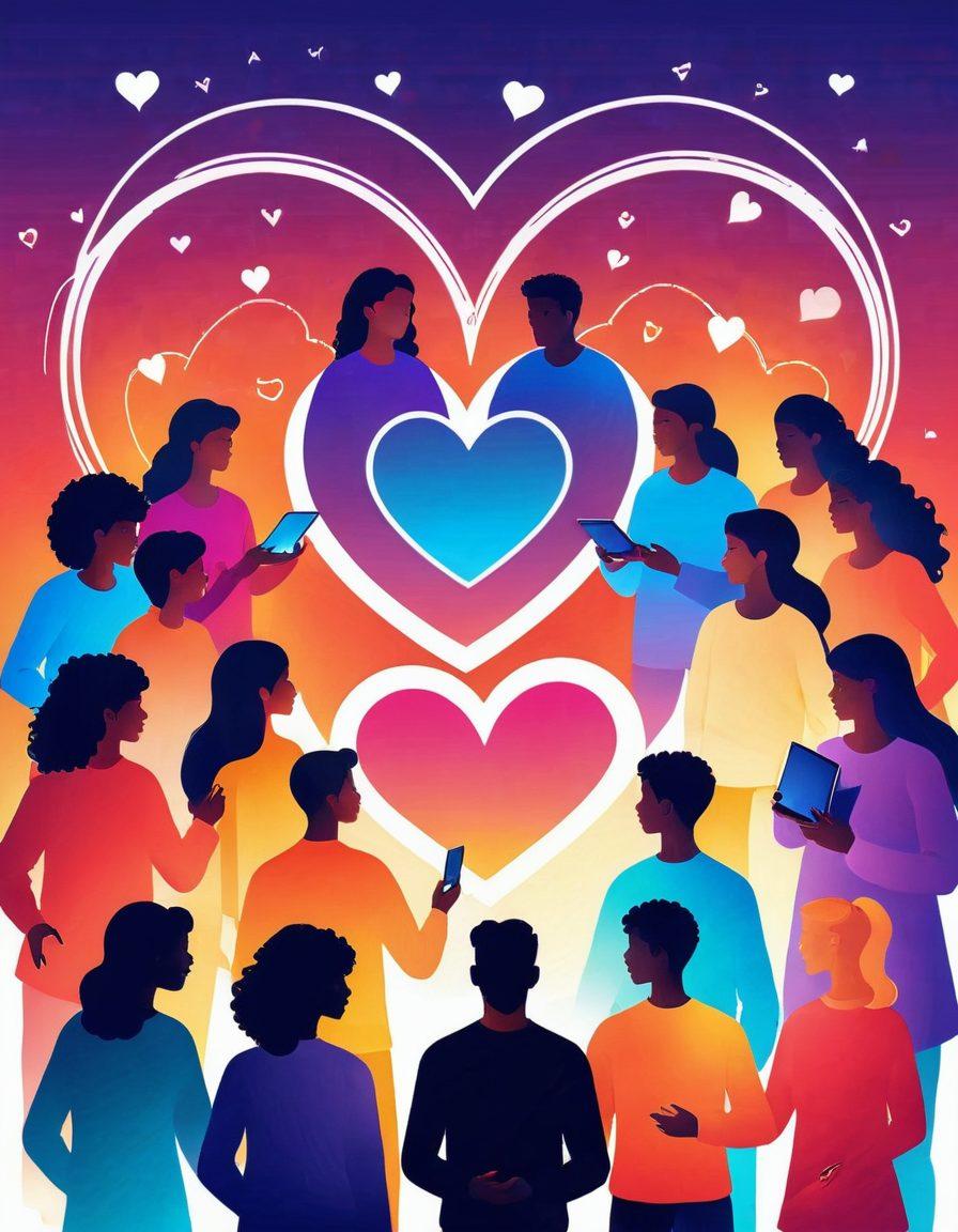 A vibrant online community where diverse people form heart-shaped connections through their digital devices, showcasing love, support, and unity. The background features glowing, interconnected hearts, symbolizing strong bonds. Various devices like smartphones and laptops emit warm, magical auras. colorful illustration. vector art. white background.