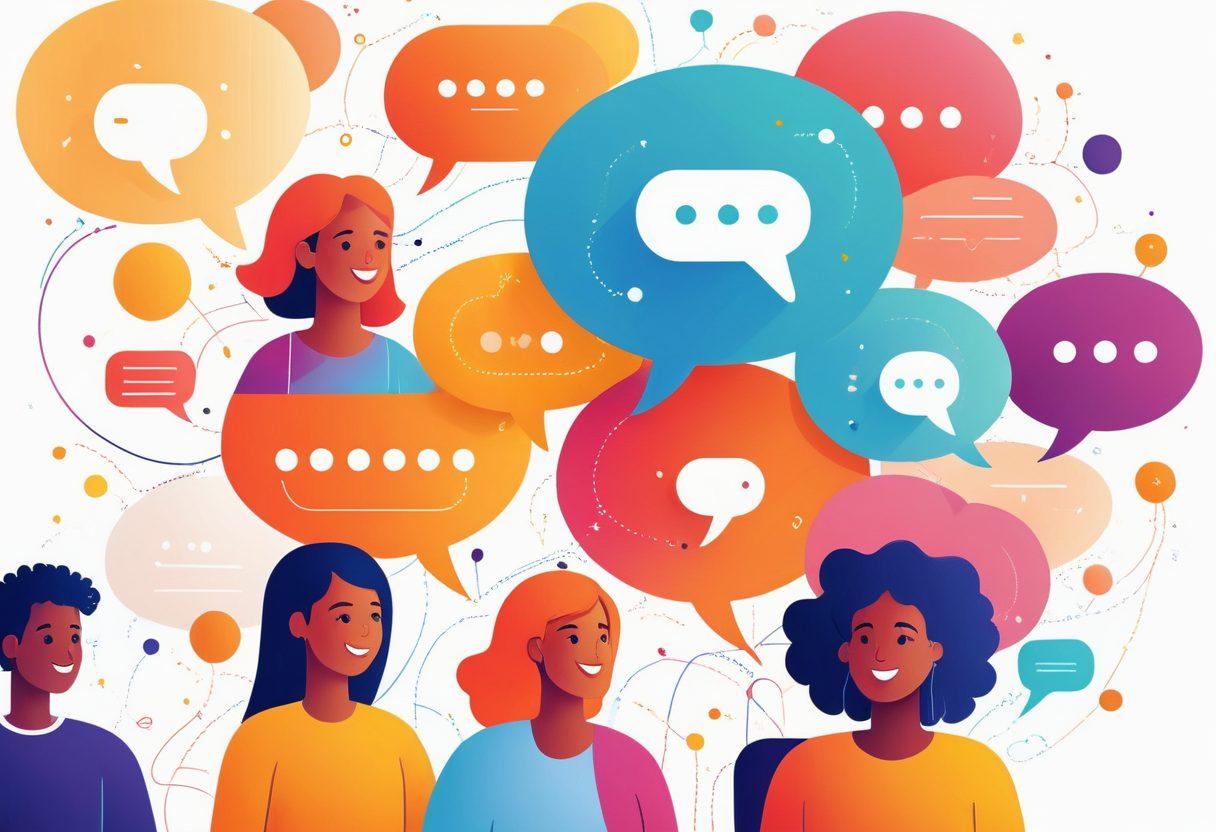 A diverse group of individuals, interconnected by ethereal threads, sharing resources and smiles, against a backdrop of a vibrant online forum. The ambiance exudes warmth and positivity, highlighting the mutual support and exchange within the community. Digital elements like chat bubbles and icons enhance the digital interaction theme. vector art. vibrant colors. white background.